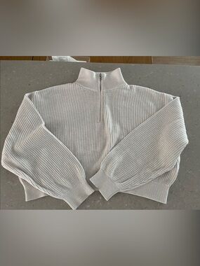 Cream Half-Zip Ribbed Knit Sweater cotton TNA L large Ivory